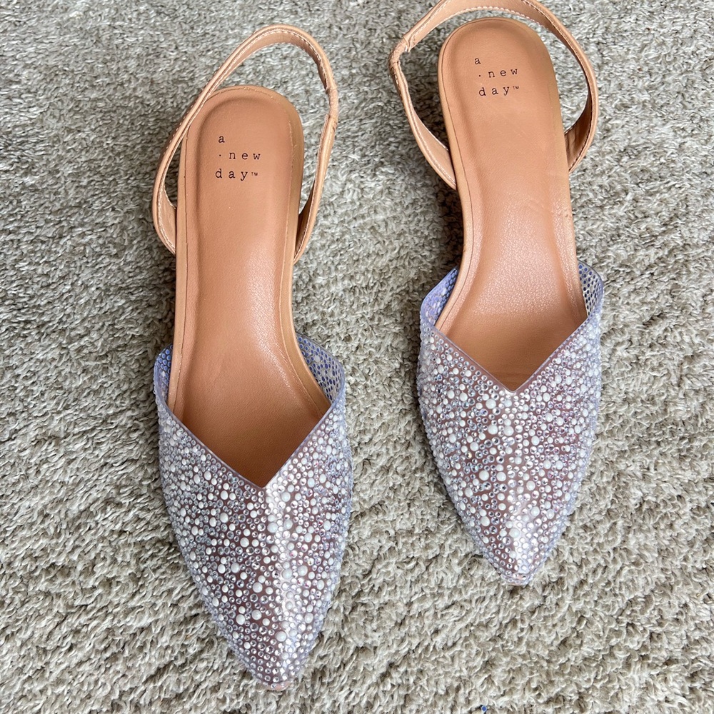 A New Day Women's Glittering Pointed Flats - Silver and Tan. Size 8.5